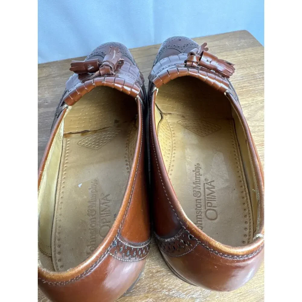 Johnston & Murphy Optima 10.5 Brown Loafers Kiltie Tassel Wing Tip Shoes EUC Men